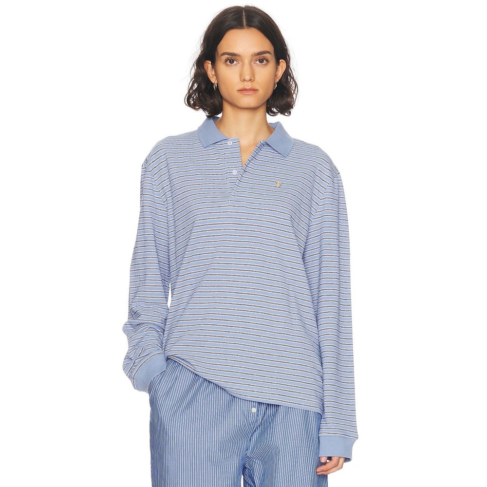 Saks Potts Tennis Preppy Serena Polo Blue S Stripe Long Sleeve Sporty Golf